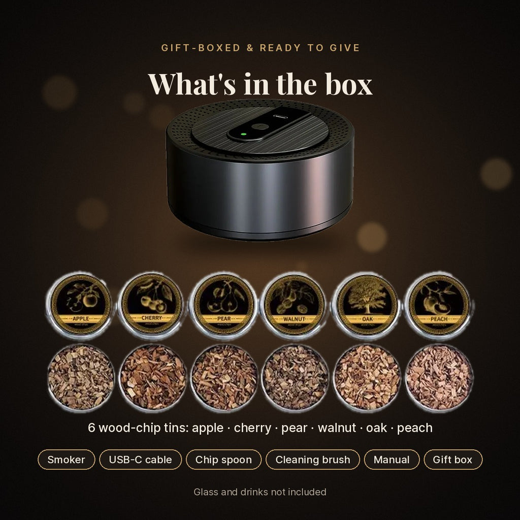 What's in the box: smoker, 6 wood-chip tins, USB-C cable, spoon, brush, manual, gift box