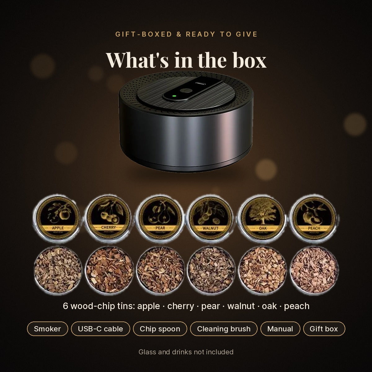 What's in the box: smoker, 6 wood-chip tins, USB-C cable, spoon, brush, manual, gift box