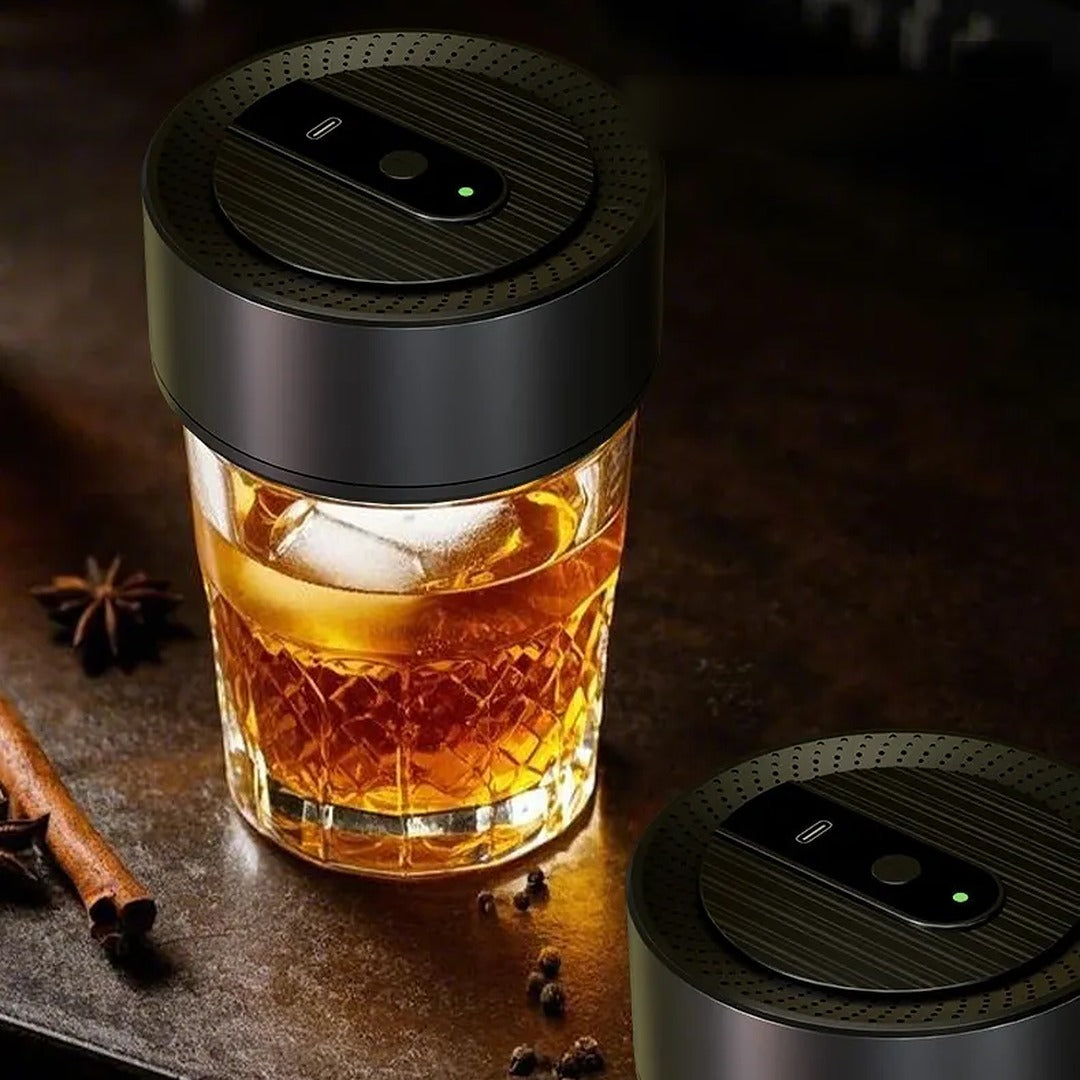 Brightwick smoker sitting on a rocks glass of whiskey