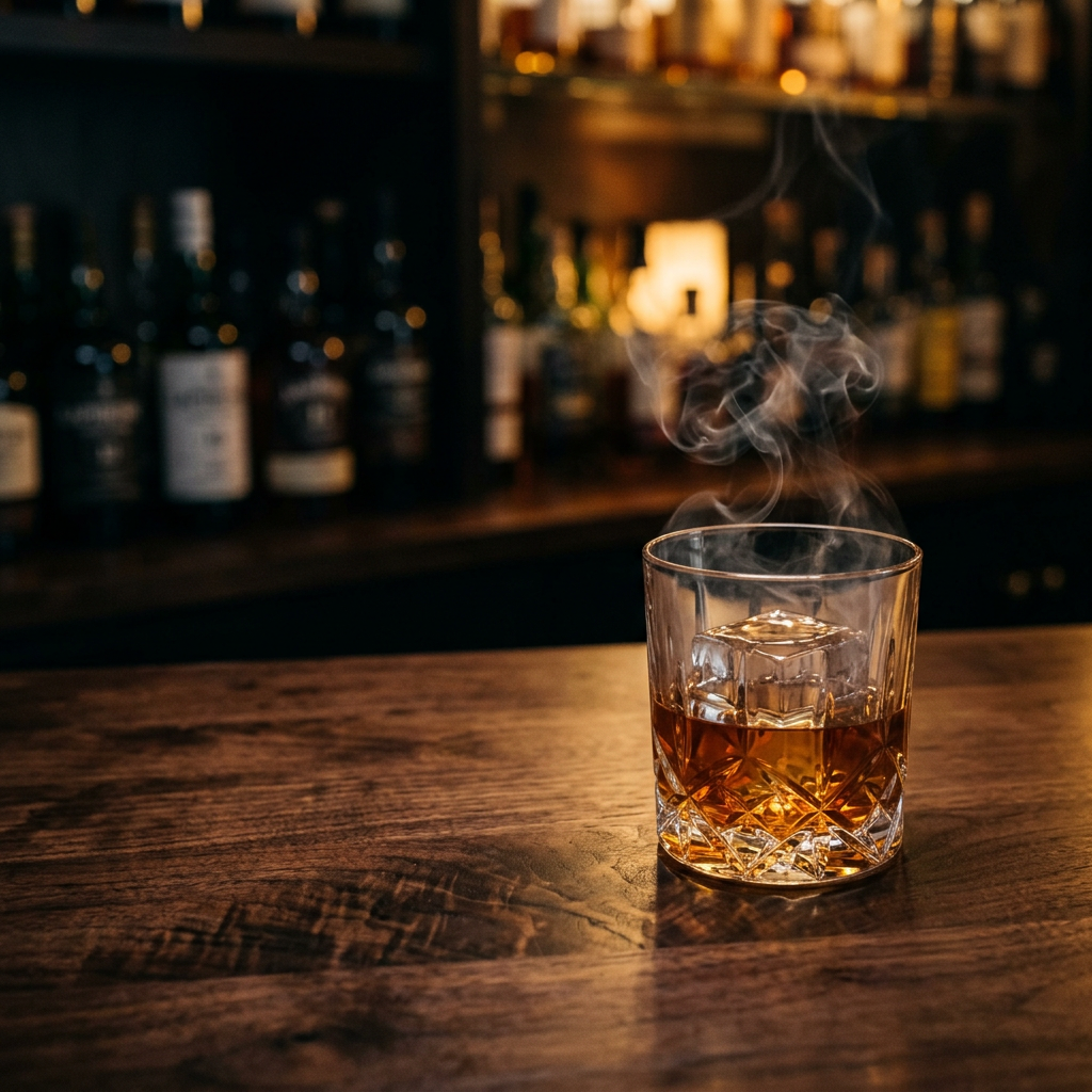 Smoked bourbon on a dark home bar
