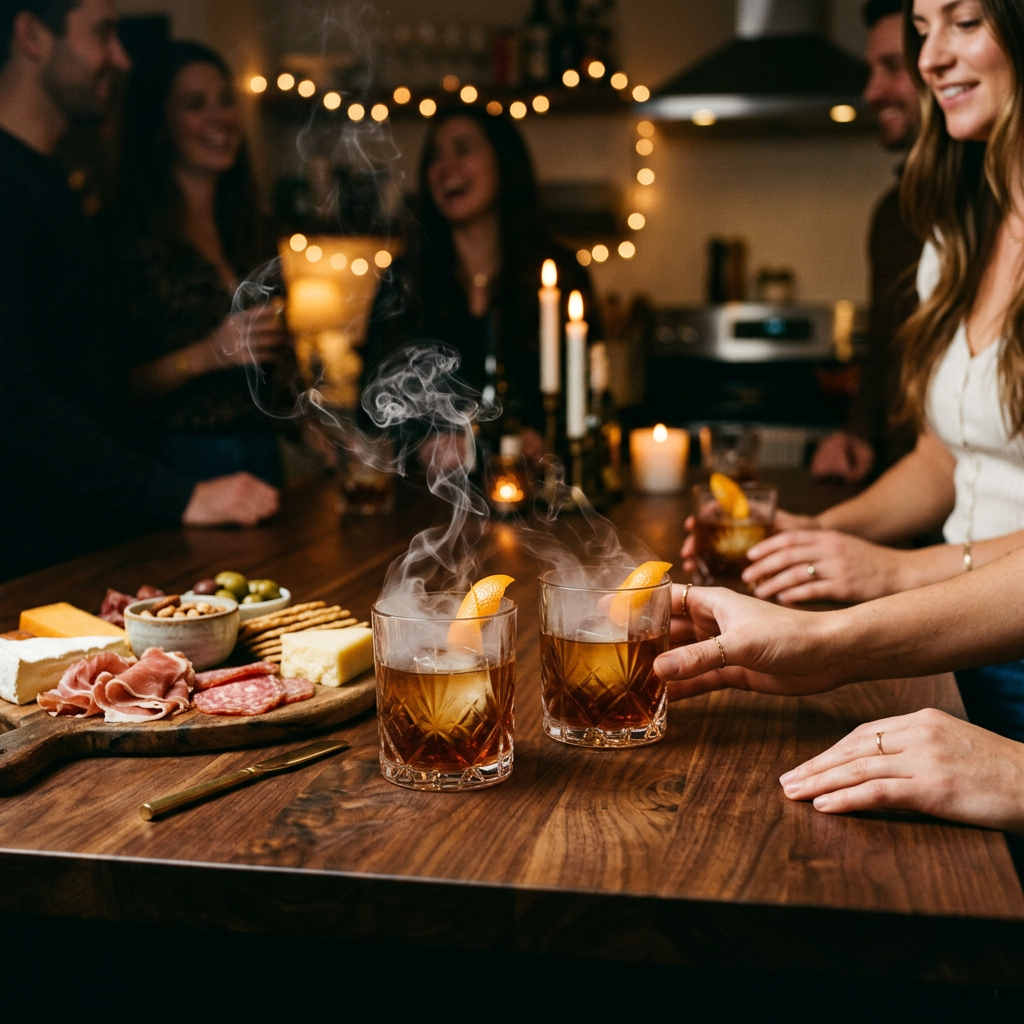 Smoked old fashioned cocktails at a home gathering