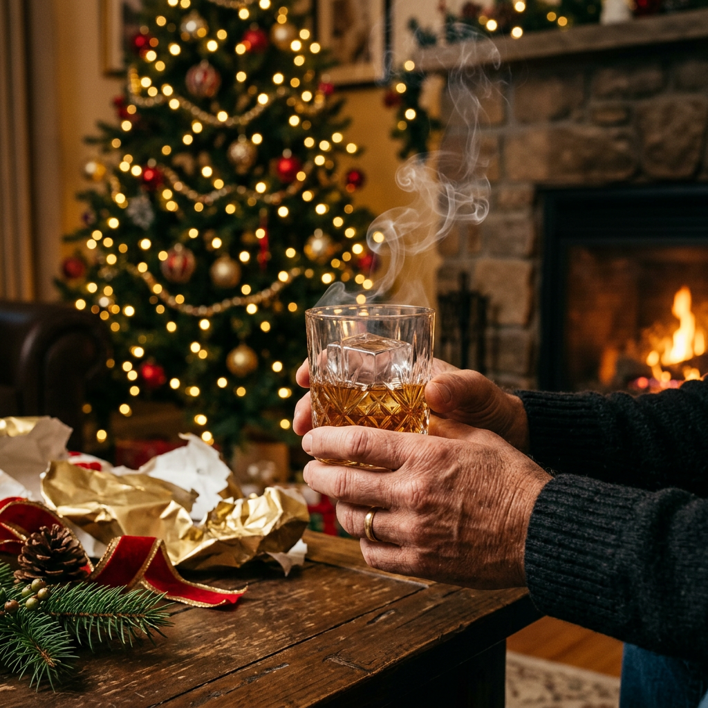 Smoked bourbon by the fireplace on Christmas